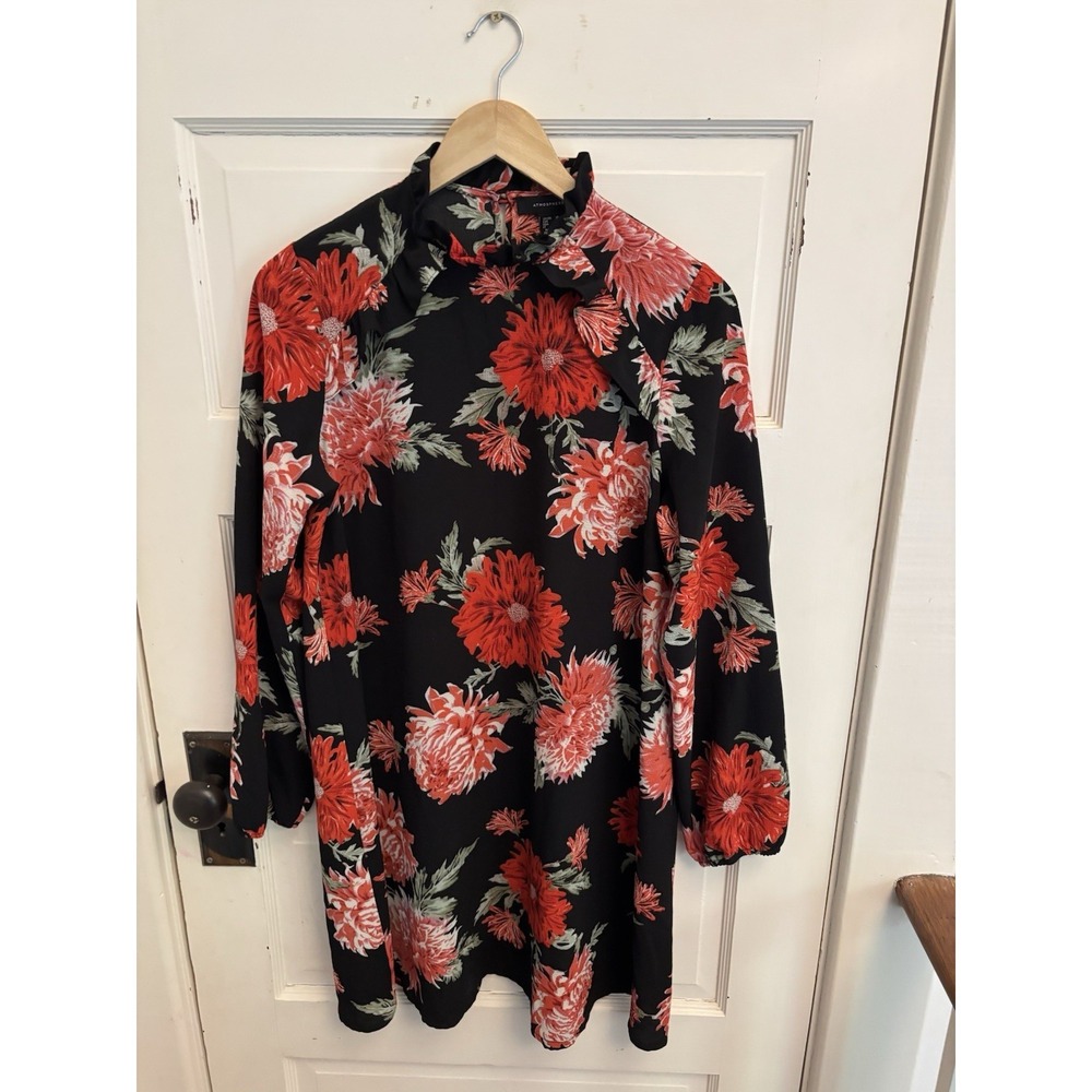 Atmosphere Women's Black Red Floral Long Sleeve Shift Dress Ruffle Neck Size 10‎
